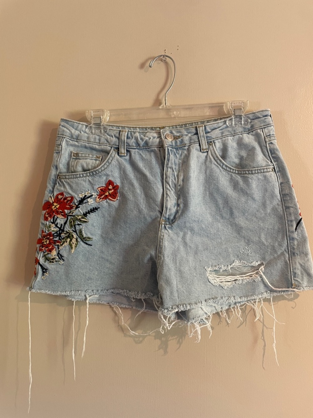 Topshop Light Wash Denim Shorts with Red Floral Embroidery